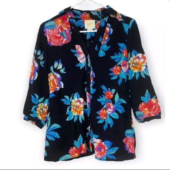 MAEVE Anthropologie Womens Woodland Walk Button Up Size 2 Black Hawaiian Print - Picture 3 of 8